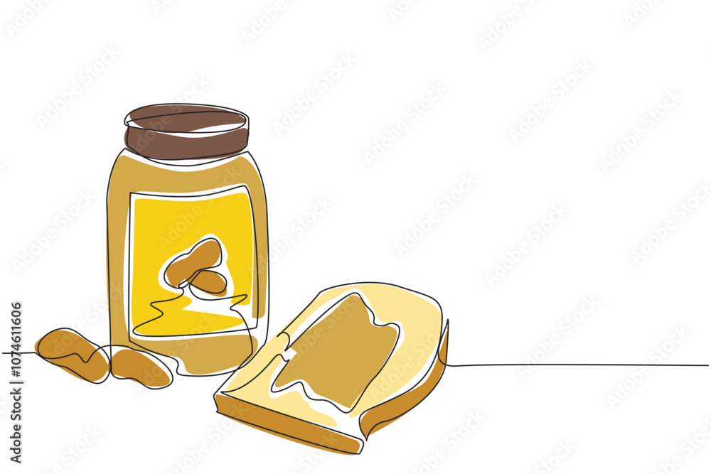 Poster single continuous line drawing jar of peanut butter and bread smeared with it. scattered nut. combin