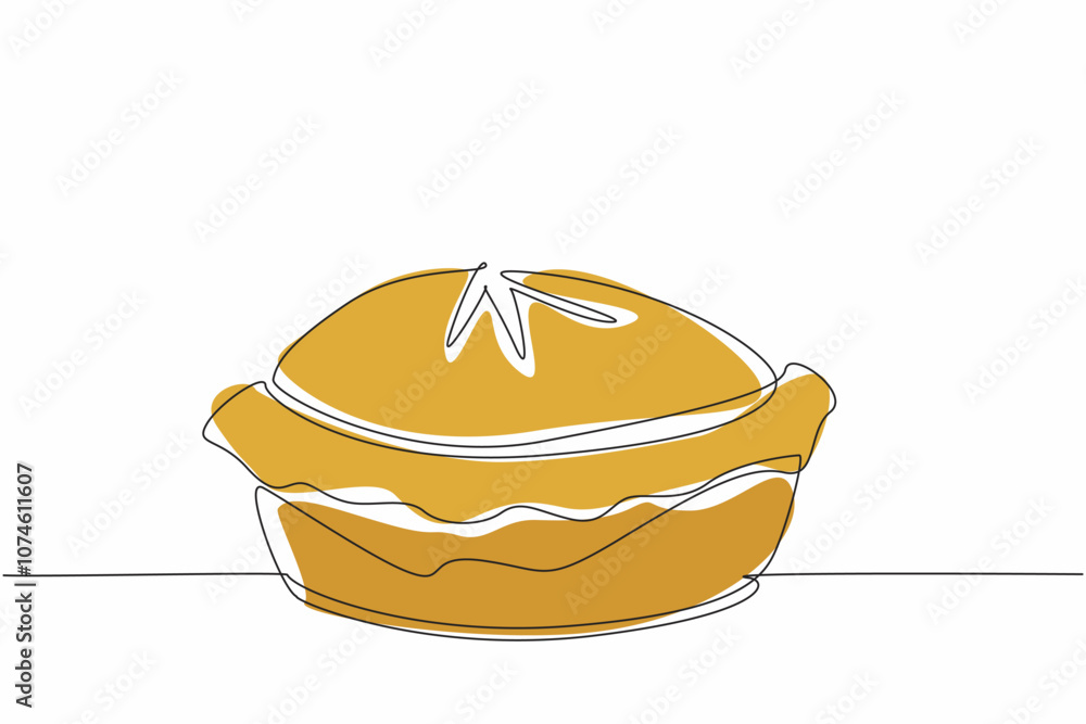 Poster continuous one line drawing pie seen from the side. fresh from the oven. enjoy immediately while it'