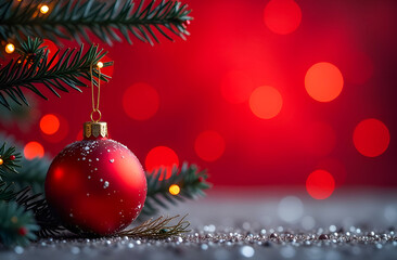 red Christmas background with bokeh and Christmas tree toy