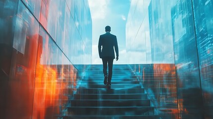 A businessman ascending a staircase beside a transparent glass board, symbolizing success and growth in business development.