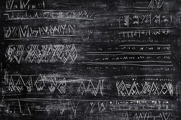Fototapeta premium Ancient Tribal Symbols on Black Background: Abstract Geometric Patterns in White
