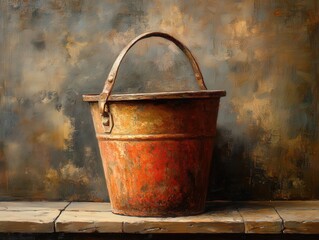 Fototapeta premium An antique bucket with a rustic finish, resting against a textured background. Perfect for vintage or industrial-themed projects.