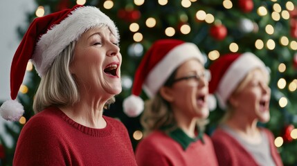 Three women wearing Santa hats sing joyfully in front of a Christmas tree adorned with lights and ornaments, embodying festive cheer.
