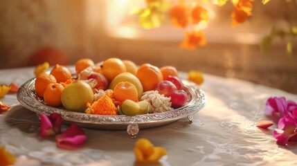 Naklejka premium An empty scene featuring blank mockup template near a silver platter of fresh fruit, ladoos, and small sacred offerings for Guru Nanak Dev Ji, 