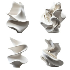 Four different shapes of white ceramic sculptures, abstract sculpture design, on a transparent background