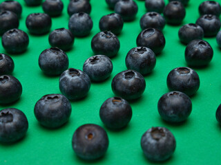 Individual blueberries on a green background are spaced apart in lines