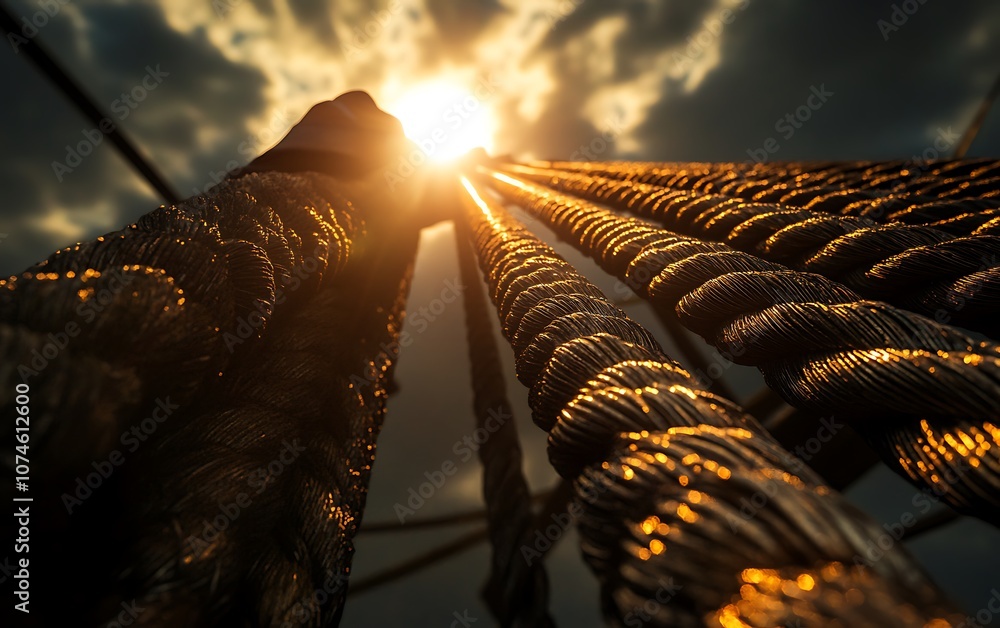 Aufkleber an upward view of thick ropes illuminated by shining sunlight, creating a dramatic effect against a 
