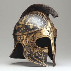 Fototapeta premium An ornate ancient helmet featuring intricate designs and a plume, showcasing the craftsmanship of ancient warriors.