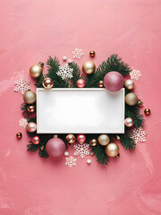 Christmas Frame. A Vibrant Pastel Pink Texture Background with Ball Ornaments