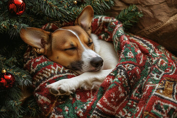 Sleeping dog wrapped in a festive blanket by a Christmas tree