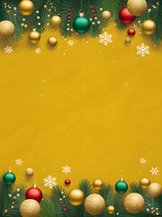Christmas Border Design. A Vibrant Yellow Texture Background with Ball Ornaments