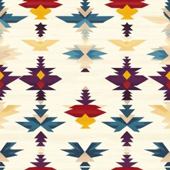 Fototapeta premium A vibrant patterned textile featuring geometric shapes in red, blue, yellow, and purple against a cream background, evoking a cultural aesthetic.