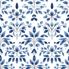 Fototapeta premium A delicate floral pattern in shades of blue on a white background, featuring intricate leaves and blossoms that evoke a serene, elegant vibe.