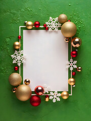 Christmas Frame. A Vibrant Green Texture Background with Ball Ornaments