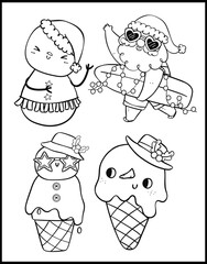Cute Groovy Summer Christmas cartoon Coloring page white and black outline