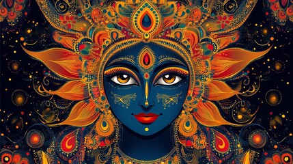Celebrating the Indian religious festival of Maa Durga, featuring a design with the face of Goddess Durga, for Pooja and Navratri, ideal for a banner or card.
