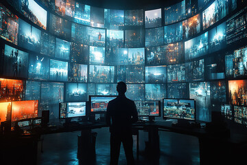 Rear view of a male computer engineer monitoring the readings of monitors on the wall and desk. Global control concept.