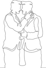 Continuous one line drawing gay couple in love. Homosexuals hugging. Lovers.One continuous line isolated minimal vertical illustration.Not AI.