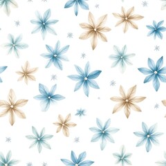 Fototapeta premium A whimsical floral pattern featuring delicate blue and beige flowers against a crisp white background.