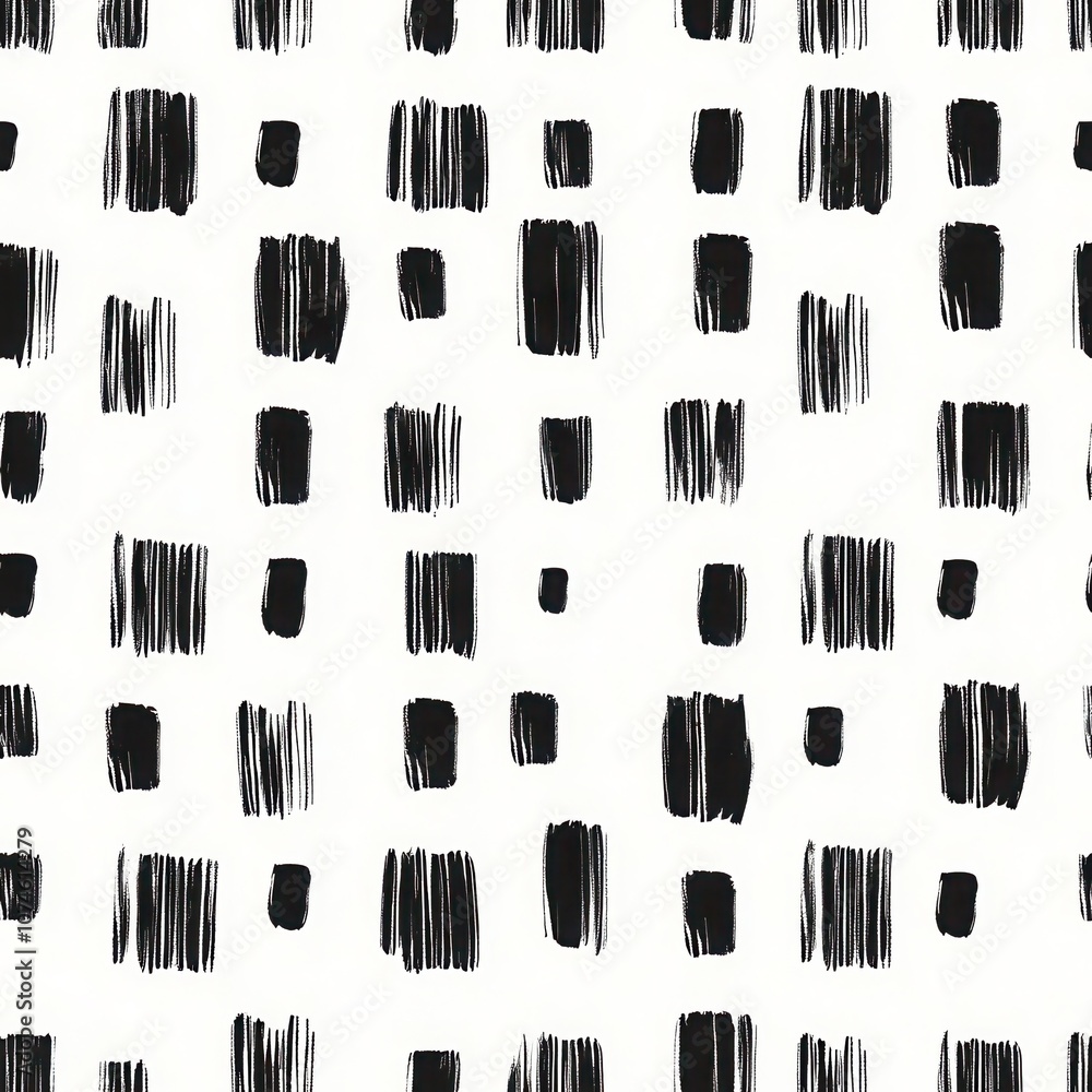 Poster a monochromatic pattern of black brush strokes forming a grid on a white background, creating a mode