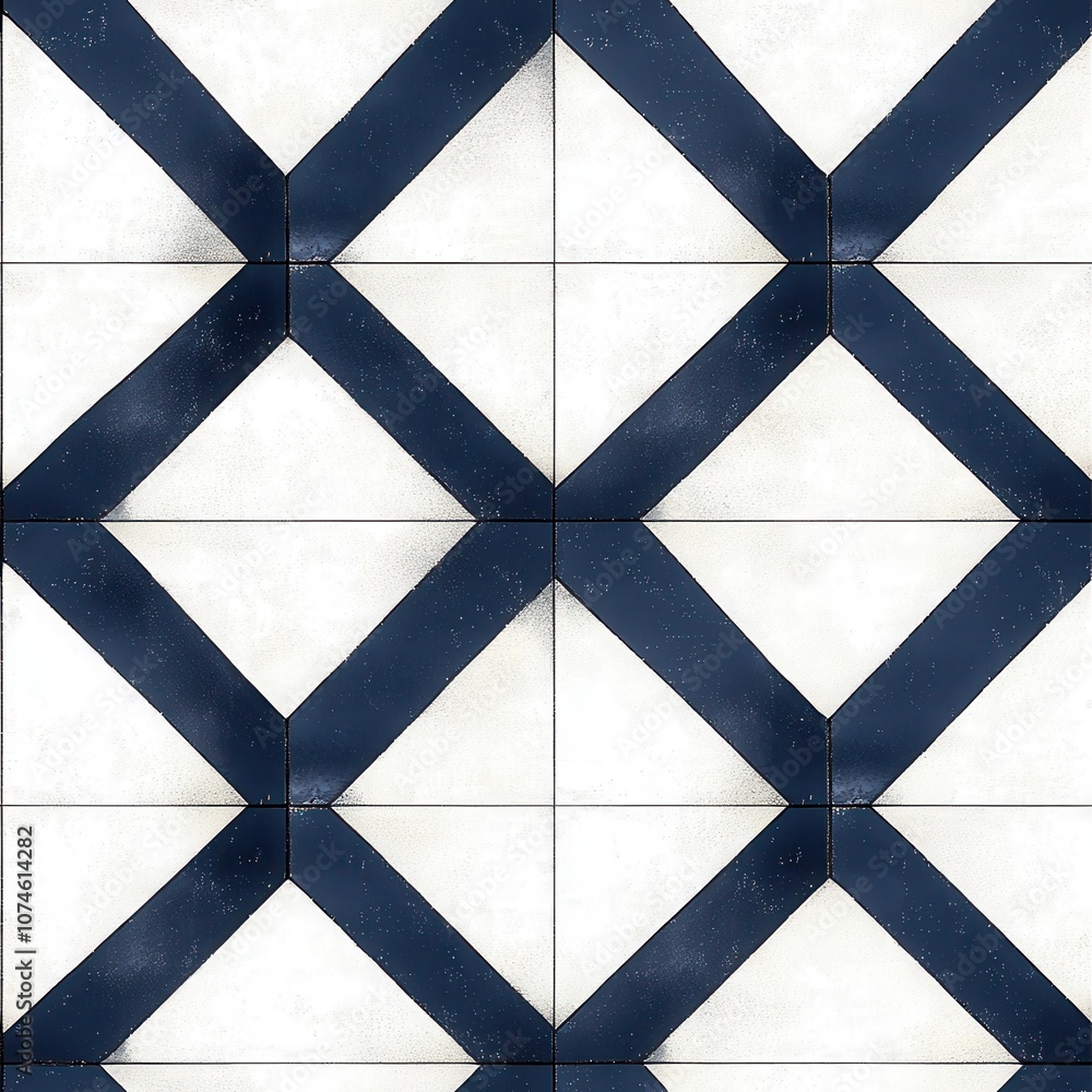 Poster description: a geometric pattern featuring alternating dark blue and white diamond shapes arranged i