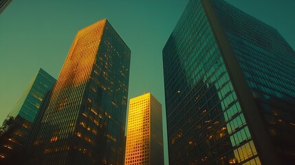Obraz premium Close-up of modern glass skyscrapers in downtown San Francisco during the golden hour, with green and blue tones, captured in architectural photography.