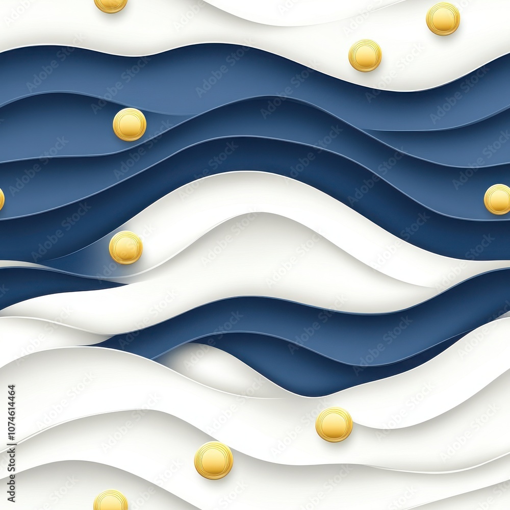 Poster an abstract pattern featuring flowing waves in navy and white with scattered golden spheres, creatin