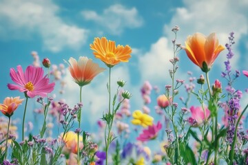 Fototapeta premium Field of flowers with blue sky