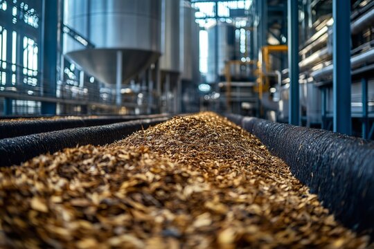 Close-up of a bioenergy facility featuring large silos holding biomass feedstock like agricultural residues and organic waste, ready for conversion into renewable energy—a sustainable energy source.