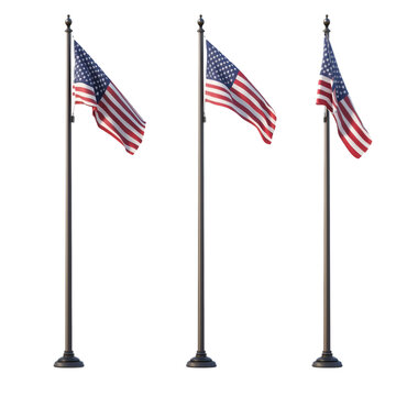 Set of American flags on a pole isolated on transparent background