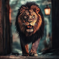 Majestic Lion Walking, Portrait of Wild Male Lion in Evening Light with Intense Stare