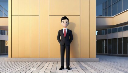A cartoonish character in a suit stands confidently in an outdoor urban setting, featuring modern architecture and a bright yellow wall.