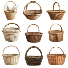 Obraz premium A set of empty baskets for carrying food or goods, arranged in various shapes and sizes against a transparent background