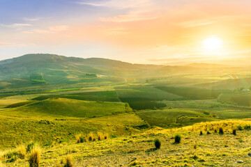 beautiful landscape in a yellow golden field in autumn or summer evening with nice rustic view of hills in countryside