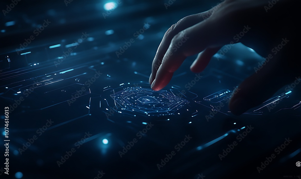 Poster A hand reaches out to touch a glowing, digital surface filled with sparkling particles, creating an ethereal, futuristic atmosphere.