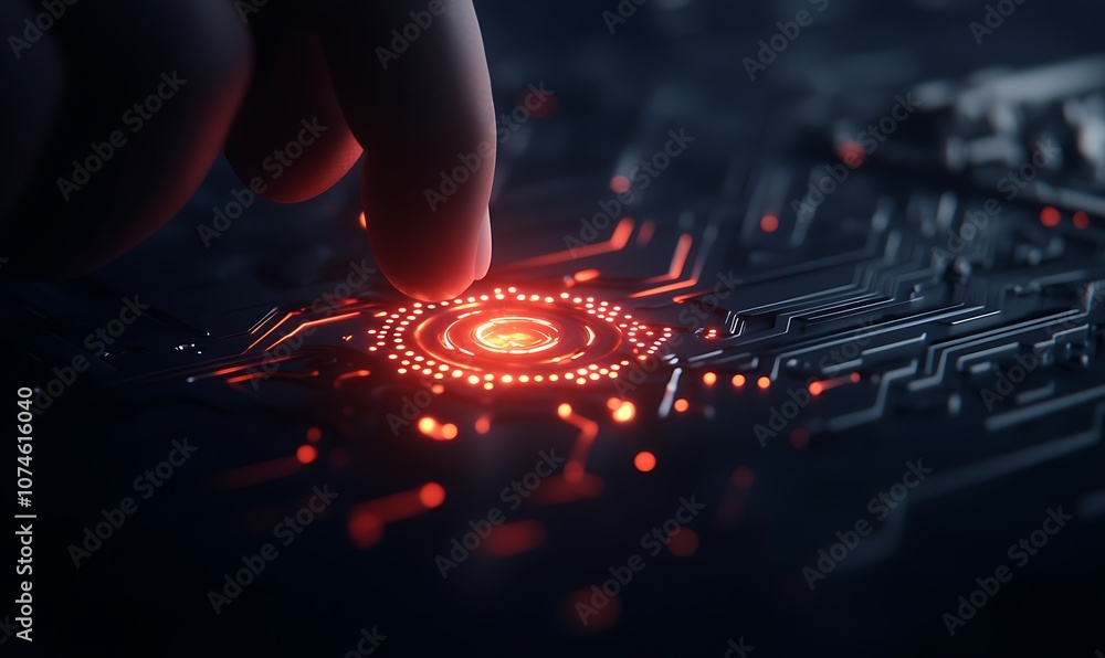 Poster A close-up of a hand touching a glowing circuit board, showcasing a combination of technology and interaction through illuminated patterns.