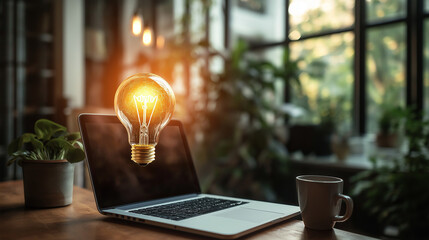 laptop with an idea bulb on the screen is placed in a modern office interior, symbolizing creativity and innovation for business ideas or technology concepts