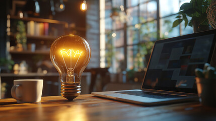 laptop with an idea bulb on the screen is placed in a modern office interior, symbolizing creativity and innovation for business ideas or technology concepts