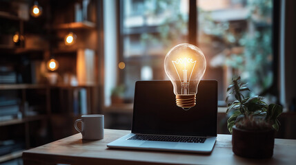 laptop with an idea bulb on the screen is placed in a modern office interior, symbolizing creativity and innovation for business ideas or technology concepts