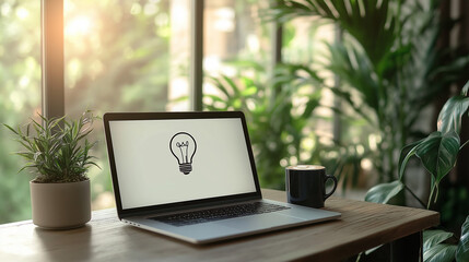 Fototapeta premium laptop with an idea bulb on the screen is placed in a modern office interior, symbolizing creativity and innovation for business ideas or technology concepts