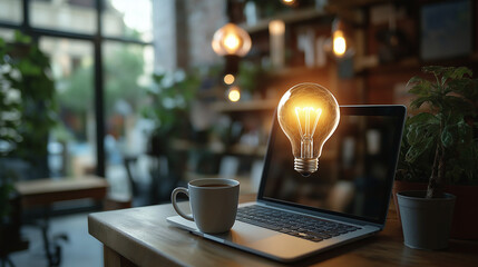 laptop with an idea bulb on the screen is placed in a modern office interior, symbolizing creativity and innovation for business ideas or technology concepts