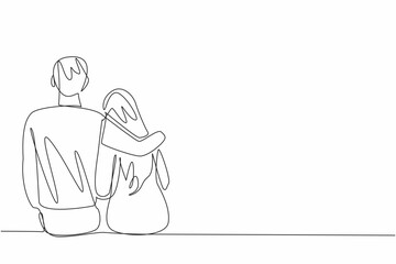 Continuous one line drawing man embracing his female partner who is sitting. Calming. Eliminates anxiety. Support the beloved woman. National Spouses Day. Single line draw design vector illustration