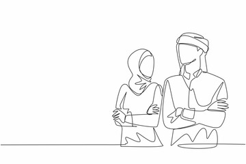 Continuous one line drawing young Arabian man and woman couple looking at each other. Blush. Smile then get nervous. Sweetheart. National Spouses Day. Single line draw design vector illustration