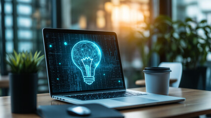 laptop with an idea bulb on the screen is placed in a modern office interior, symbolizing creativity and innovation for business ideas or technology concepts