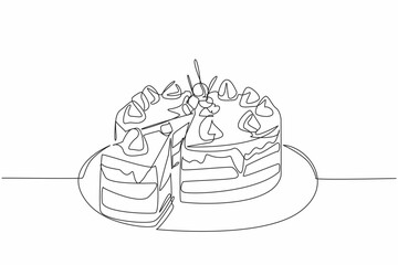 Single continuous line drawing round chocolate cake with cream and cherry topping and pieces of cake. Cut to serve. Dessert. Tasty. National Chocolate Cake Day. One line design vector illustration