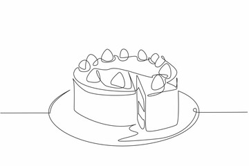 Single one line drawing round chocolate cake with strawberry topping.  One piece for loved ones first. Sweet and soft in mouth. National Chocolate Cake Day. Continuous line design graphic illustration