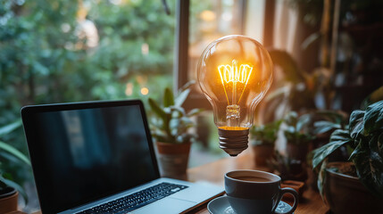 laptop with an idea bulb on the screen is placed in a modern office interior, symbolizing creativity and innovation for business ideas or technology concepts