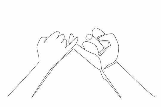 Continuous one line drawing two hands holding pinkies together. Saying sacred vows. Promising to complete each other. Perfect love. National Spouses Day. Single line draw design vector illustration