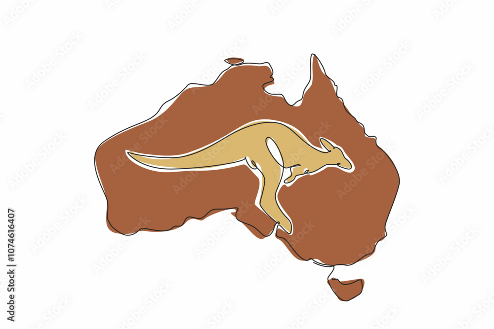 Poster single continuous line drawing kangaroo in the middle of the map of the australian continent. a mars
