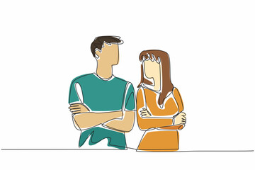 Single one line drawing man and woman in casual clothes look at each other. Love language from eye contact. Understanding each other. National Spouses Day. Continuous line design graphic illustration